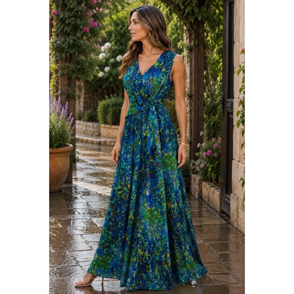 Coldwater Creek Sz 8 Blue Green Floral Sleeveless Wrap Fax Maxi Dress CC31